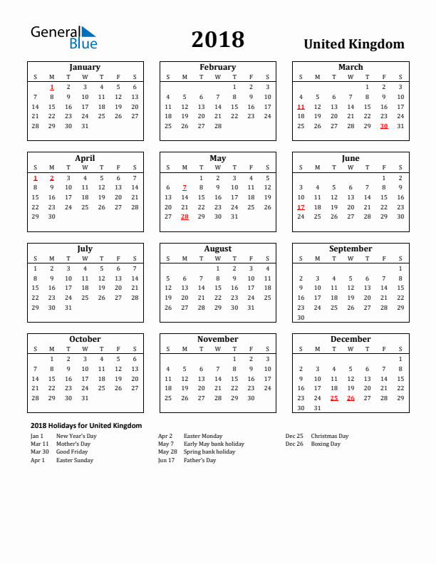 2018 United Kingdom Holiday Calendar - Sunday Start