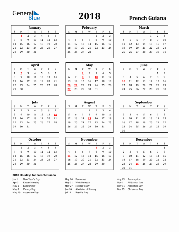 2018 French Guiana Holiday Calendar - Sunday Start