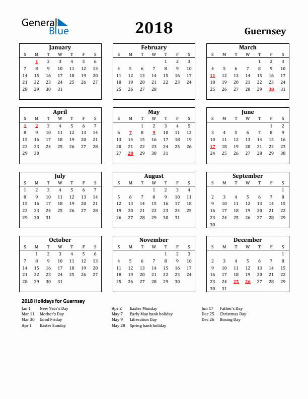 2018 Guernsey Holiday Calendar - Sunday Start