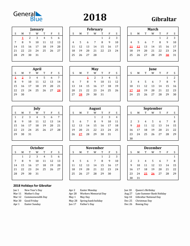 2018 Gibraltar Holiday Calendar - Sunday Start