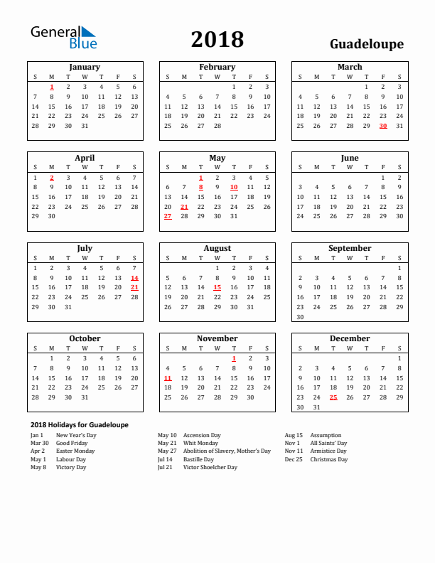 2018 Guadeloupe Holiday Calendar - Sunday Start