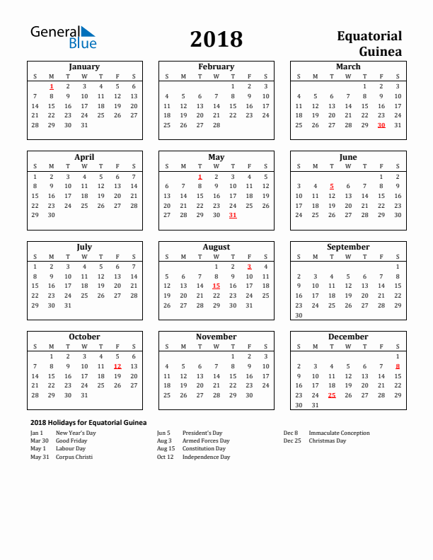 2018 Equatorial Guinea Holiday Calendar - Sunday Start