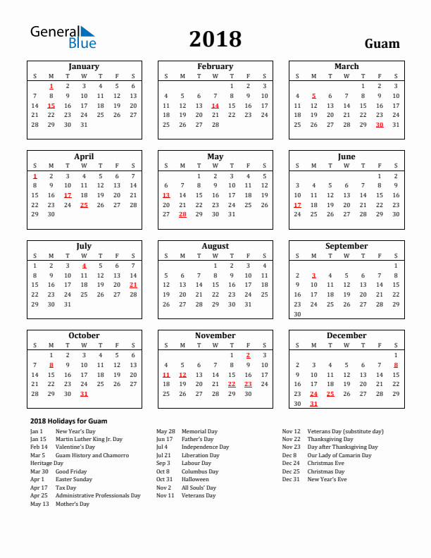 2018 Guam Holiday Calendar - Sunday Start
