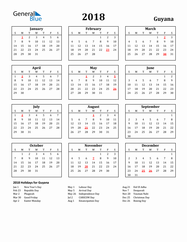 2018 Guyana Holiday Calendar - Sunday Start