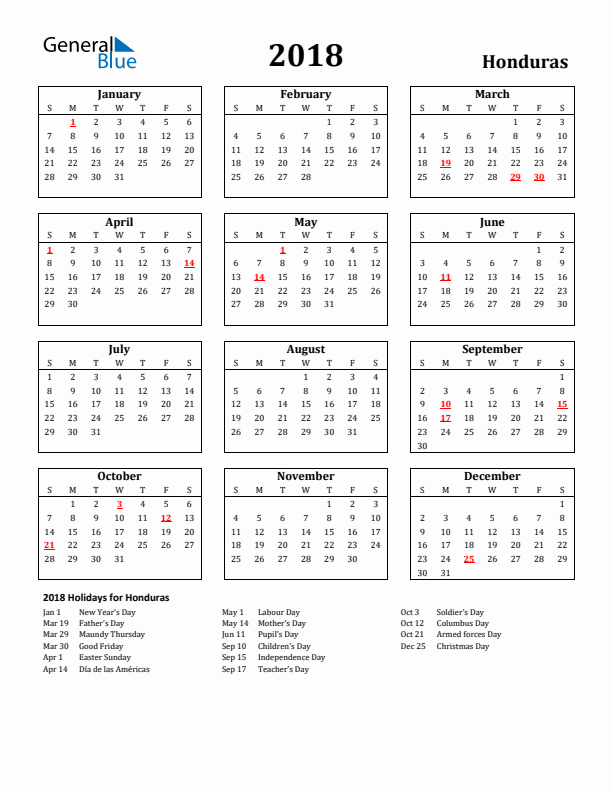 2018 Honduras Holiday Calendar - Sunday Start