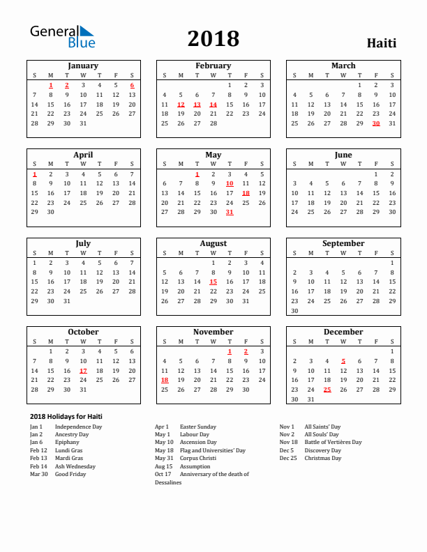 2018 Haiti Holiday Calendar - Sunday Start