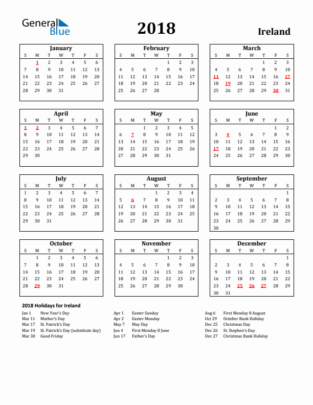 2018 Ireland Holiday Calendar - Sunday Start