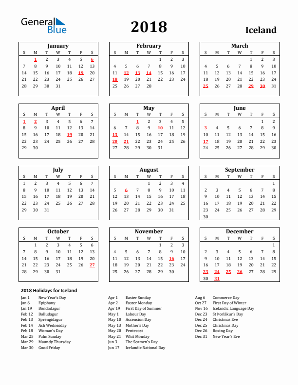 2018 Iceland Holiday Calendar - Sunday Start