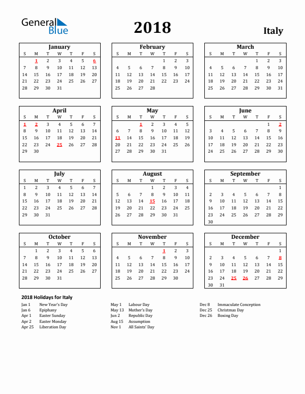 2018 Italy Holiday Calendar - Sunday Start
