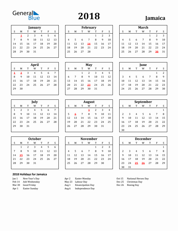 2018 Jamaica Holiday Calendar - Sunday Start