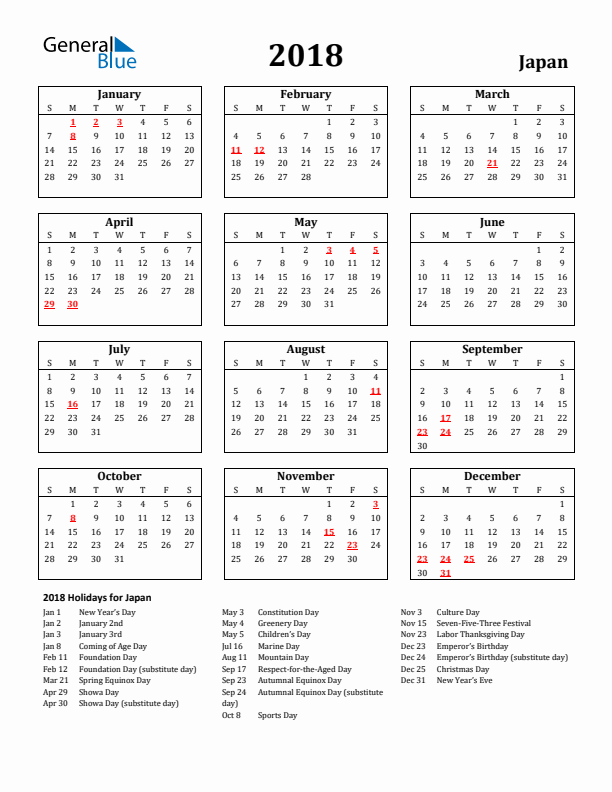 2018 Japan Holiday Calendar - Sunday Start