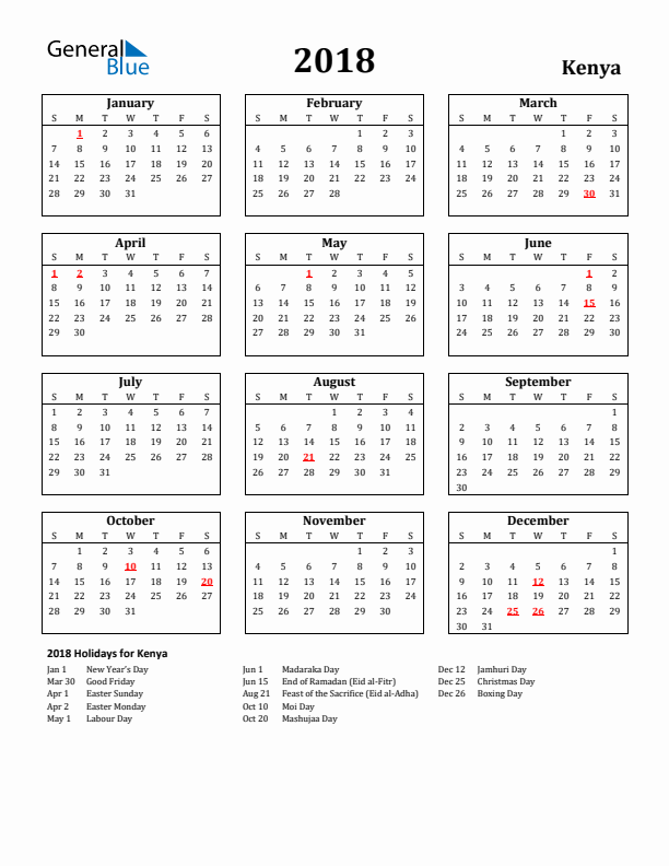 2018 Kenya Holiday Calendar - Sunday Start