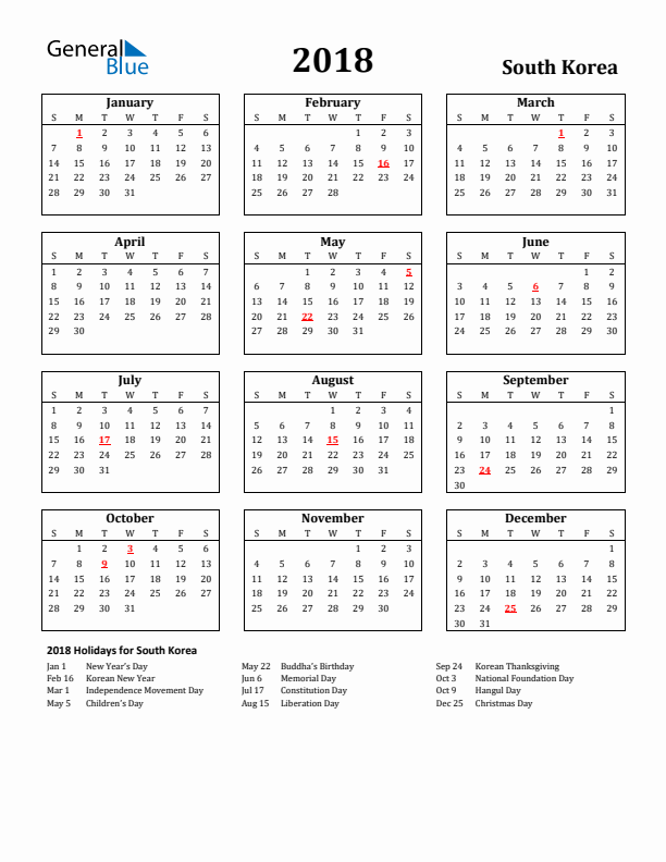 2018 South Korea Holiday Calendar - Sunday Start