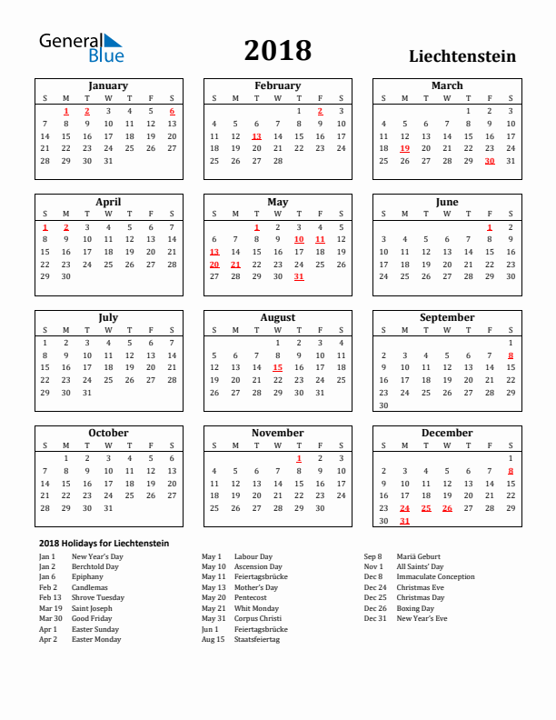 2018 Liechtenstein Holiday Calendar - Sunday Start