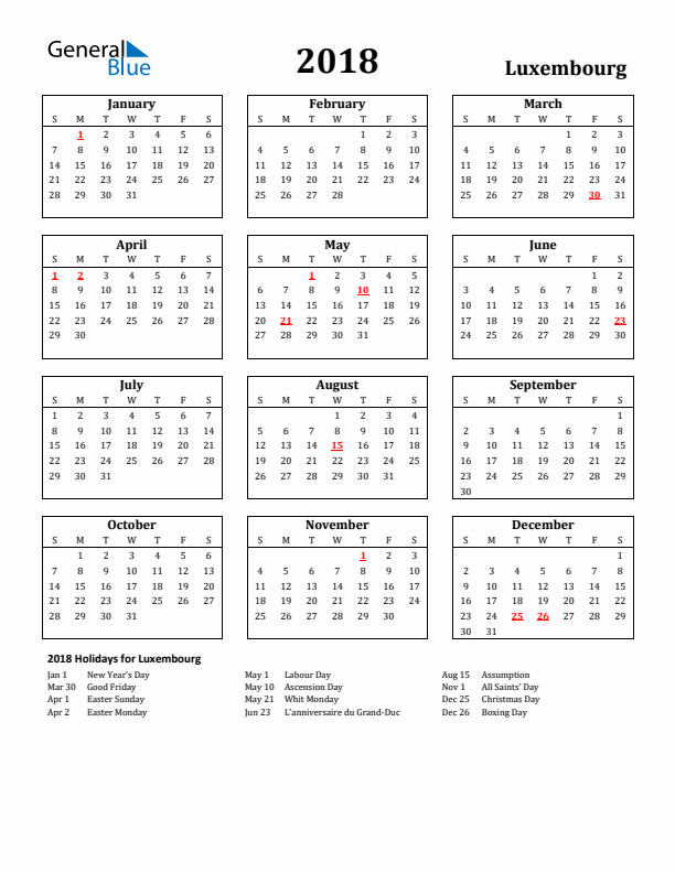 2018 Luxembourg Holiday Calendar - Sunday Start