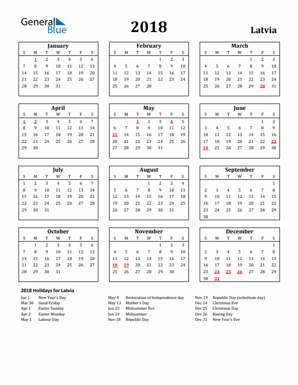 2018 Latvia Holiday Calendar - Sunday Start