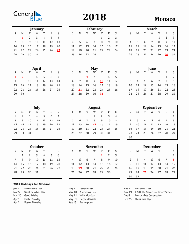 2018 Monaco Holiday Calendar - Sunday Start