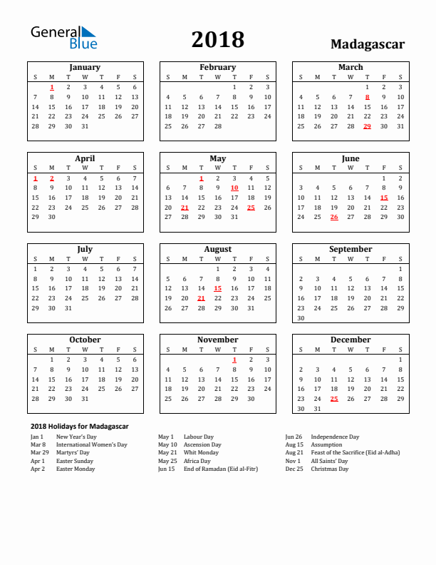 2018 Madagascar Holiday Calendar - Sunday Start