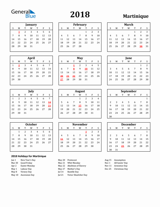2018 Martinique Holiday Calendar - Sunday Start