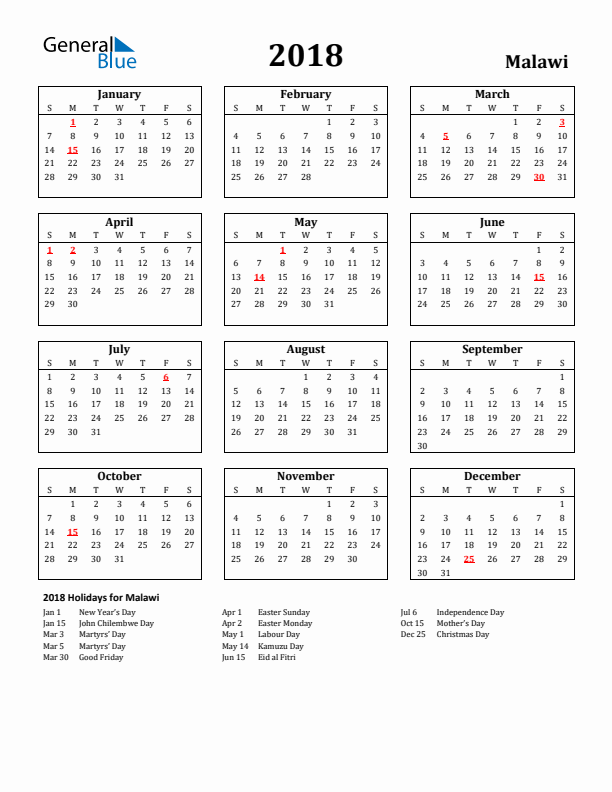 2018 Malawi Holiday Calendar - Sunday Start