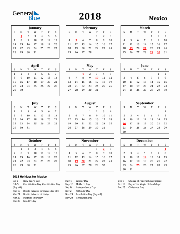 2018 Mexico Holiday Calendar - Sunday Start