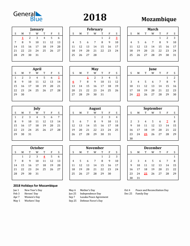 2018 Mozambique Holiday Calendar - Sunday Start