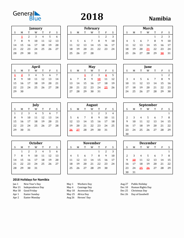 2018 Namibia Holiday Calendar - Sunday Start