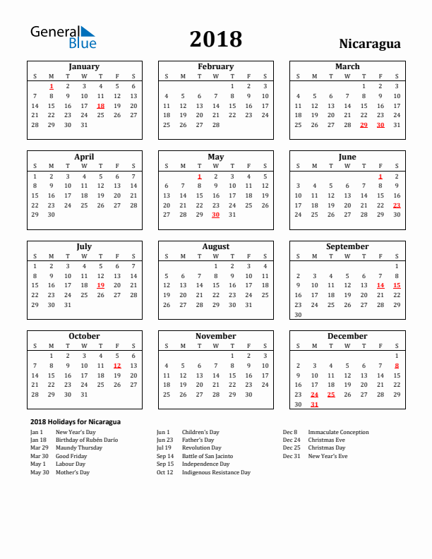 2018 Nicaragua Holiday Calendar - Sunday Start
