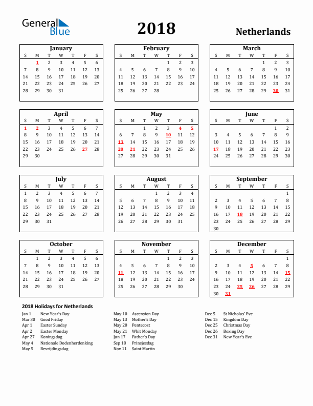 2018 The Netherlands Holiday Calendar - Sunday Start