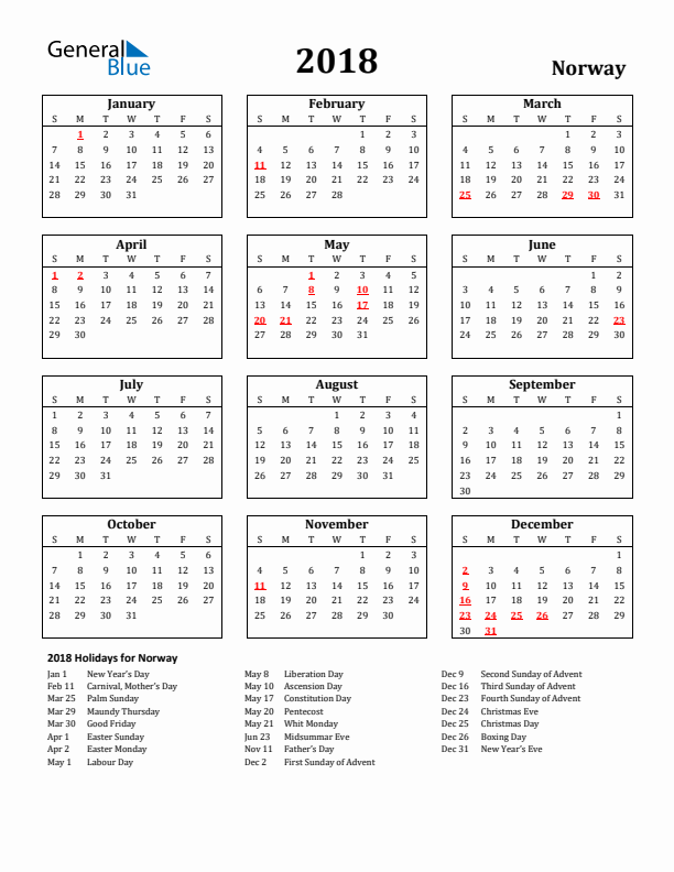 2018 Norway Holiday Calendar - Sunday Start