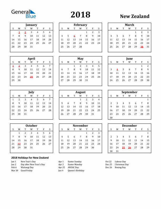 2018 New Zealand Holiday Calendar - Sunday Start