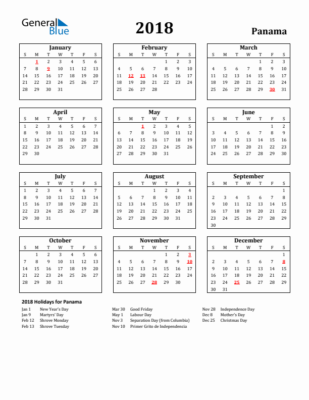 2018 Panama Holiday Calendar - Sunday Start