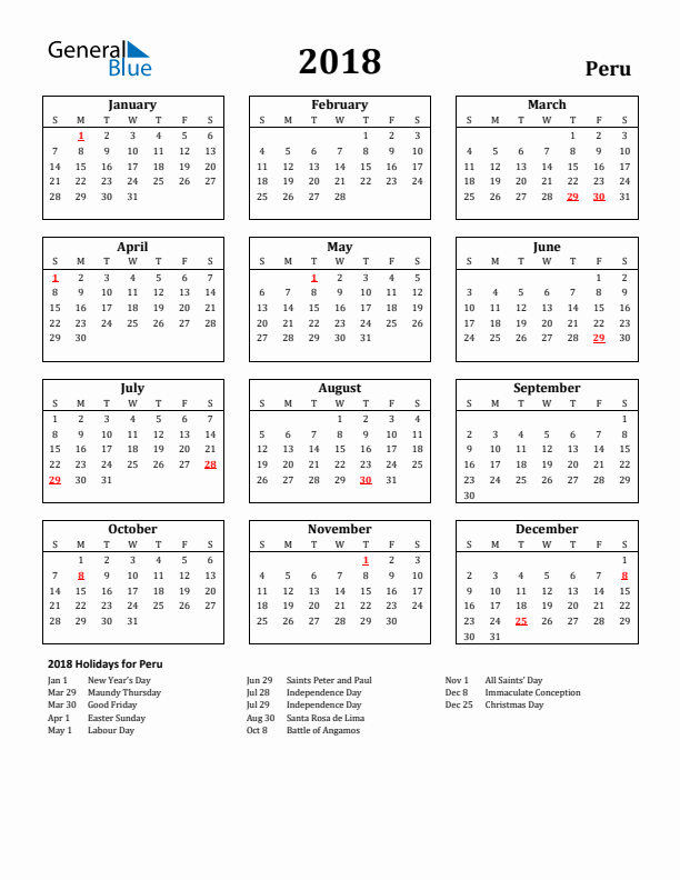 2018 Peru Holiday Calendar - Sunday Start