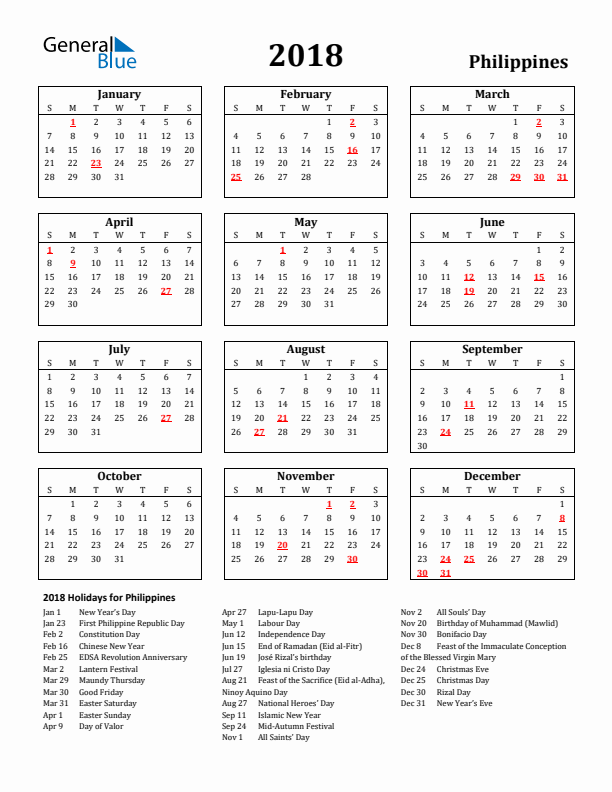 2018 Philippines Holiday Calendar - Sunday Start