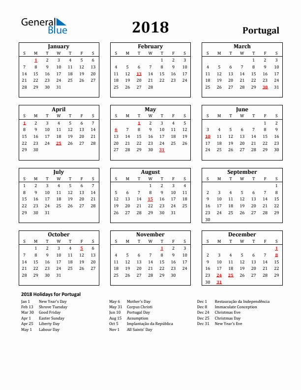 2018 Portugal Holiday Calendar - Sunday Start