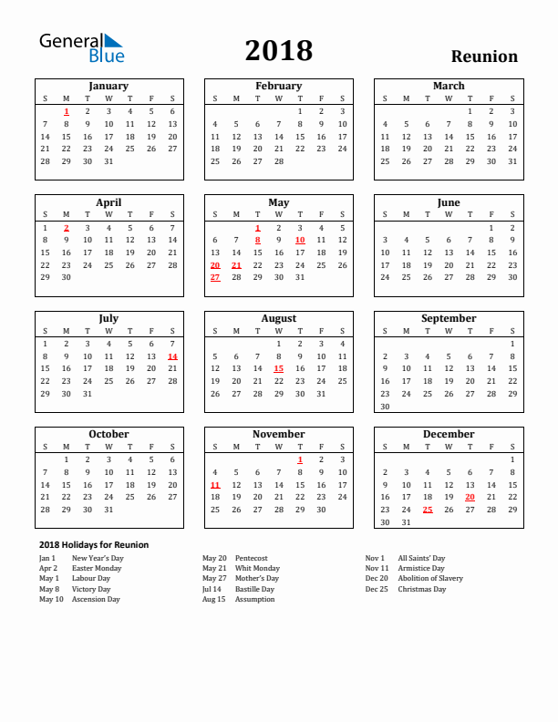2018 Reunion Holiday Calendar - Sunday Start
