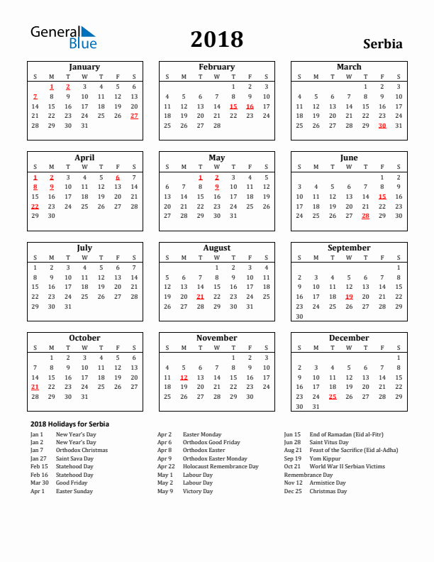 2018 Serbia Holiday Calendar - Sunday Start