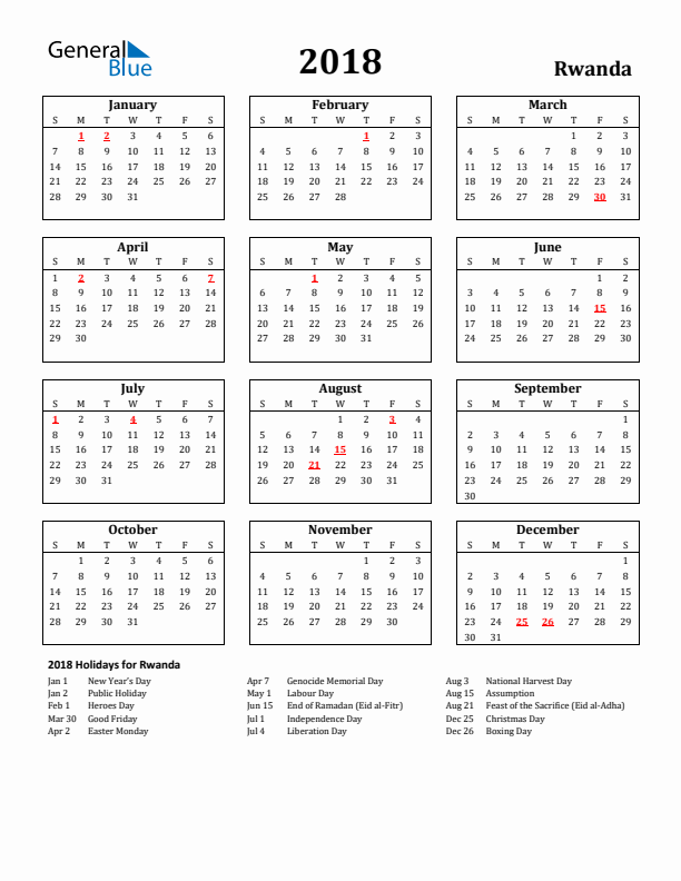2018 Rwanda Holiday Calendar - Sunday Start