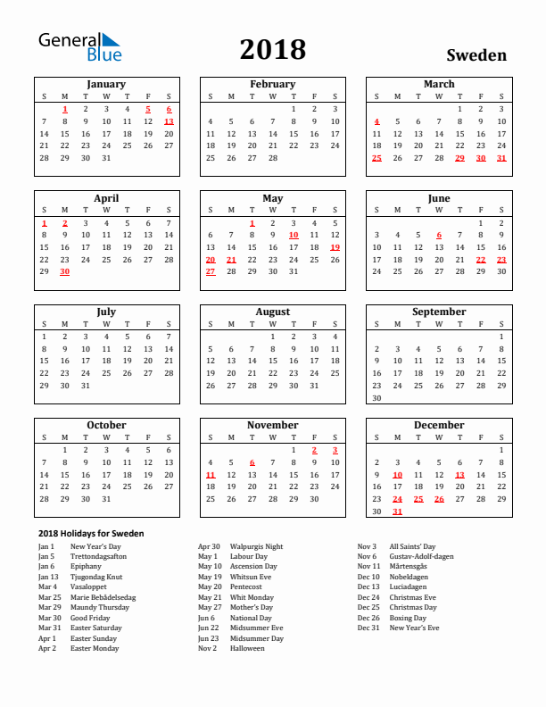 2018 Sweden Holiday Calendar - Sunday Start