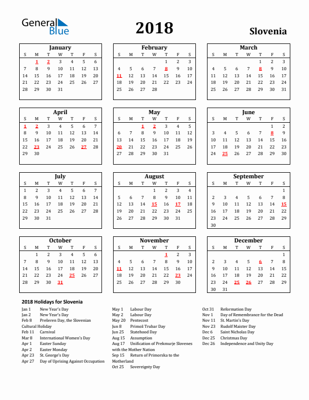 2018 Slovenia Holiday Calendar - Sunday Start