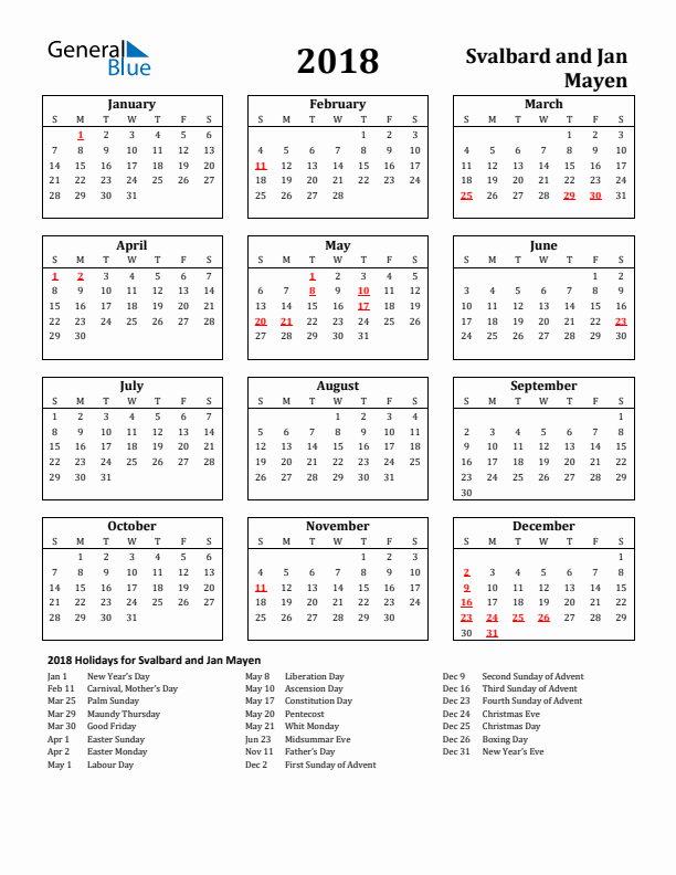 2018 Svalbard and Jan Mayen Holiday Calendar - Sunday Start