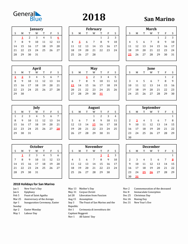 2018 San Marino Holiday Calendar - Sunday Start