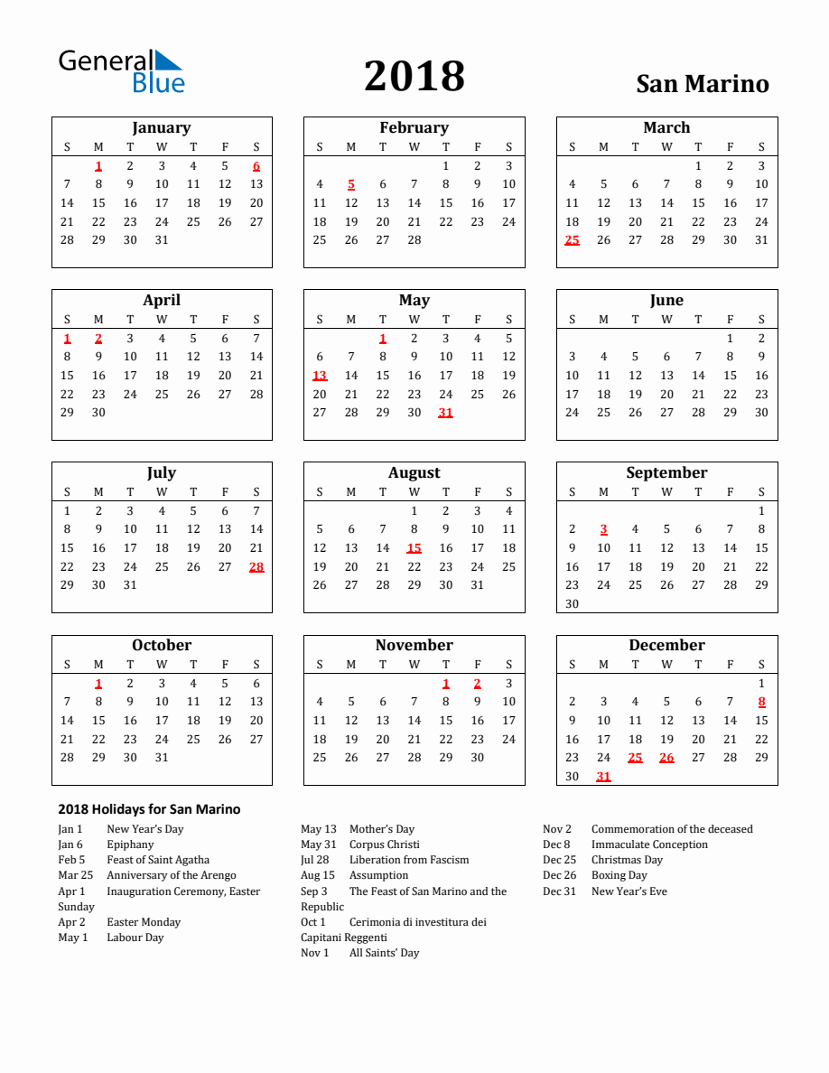 Free Printable 2018 San Marino Holiday Calendar