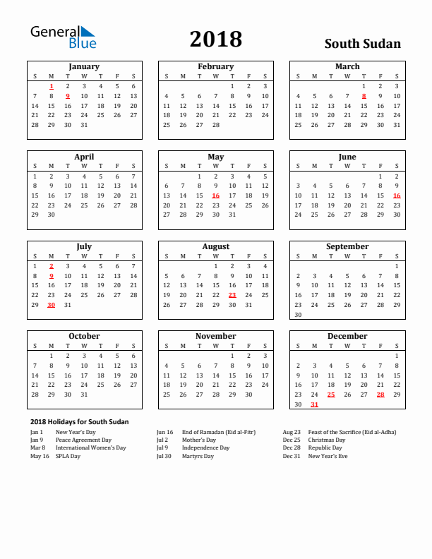 2018 South Sudan Holiday Calendar - Sunday Start