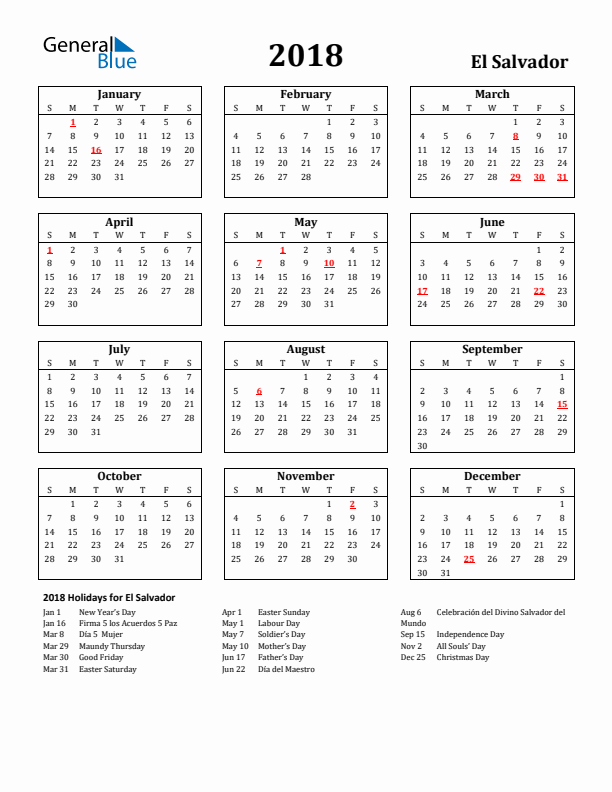 2018 El Salvador Holiday Calendar - Sunday Start