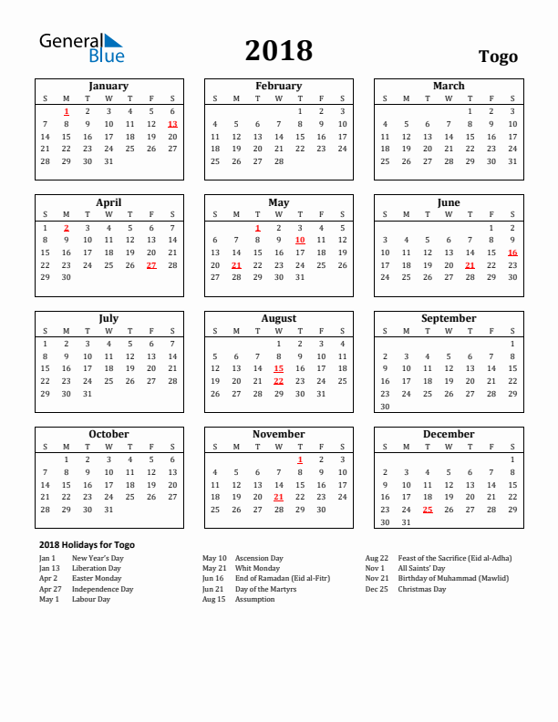 2018 Togo Holiday Calendar - Sunday Start