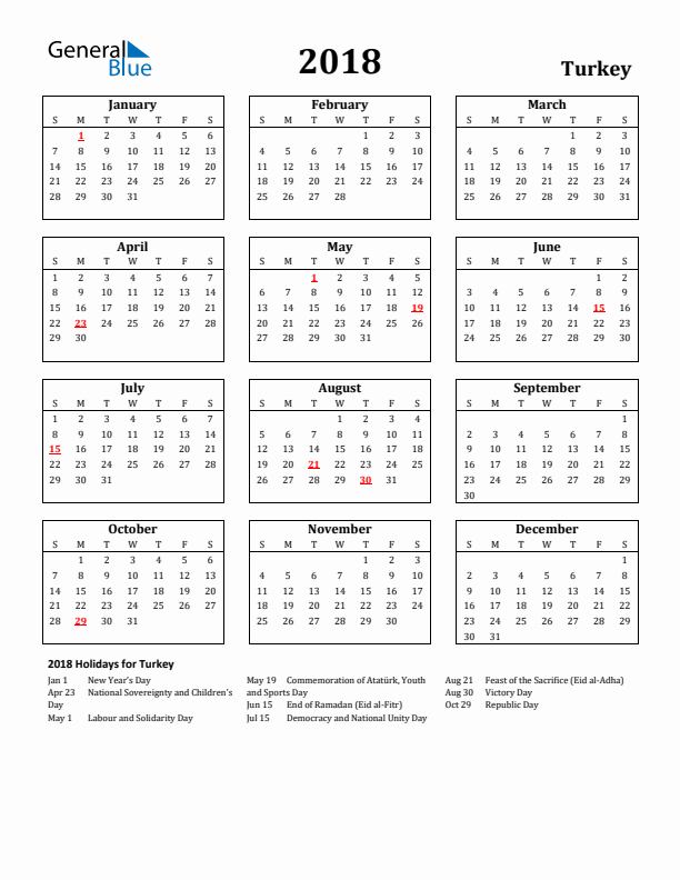 2018 Turkey Holiday Calendar - Sunday Start