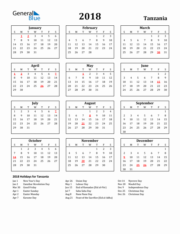 2018 Tanzania Holiday Calendar - Sunday Start