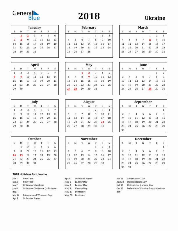 2018 Ukraine Holiday Calendar - Sunday Start