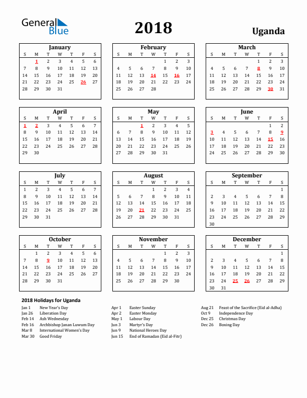 2018 Uganda Holiday Calendar - Sunday Start